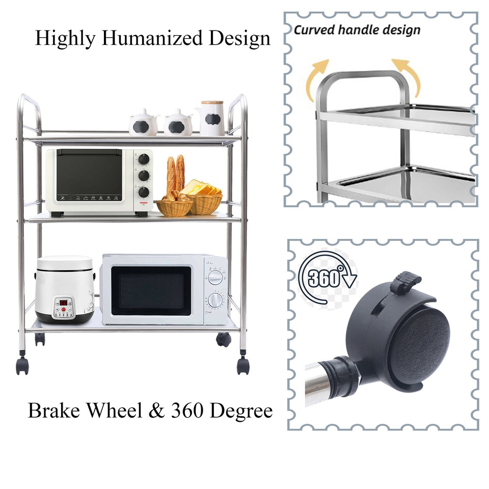 3Tier Stainless Steel?Kitchen Trolley Cart Microwave Oven Rack Utility