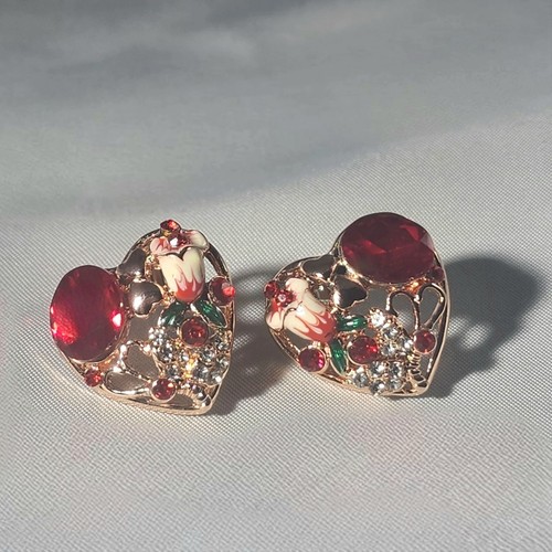Womens Earrings Heart Shaped Earring Set New Ruby Red Rose Gold Tone Rhinestone - Picture 3 of 4