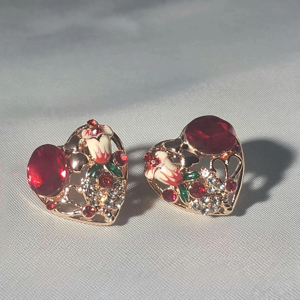 Womens Earrings Heart Shaped Earring Set New Ruby Red Rose Gold Tone Rhinestone - Image 3 of 4