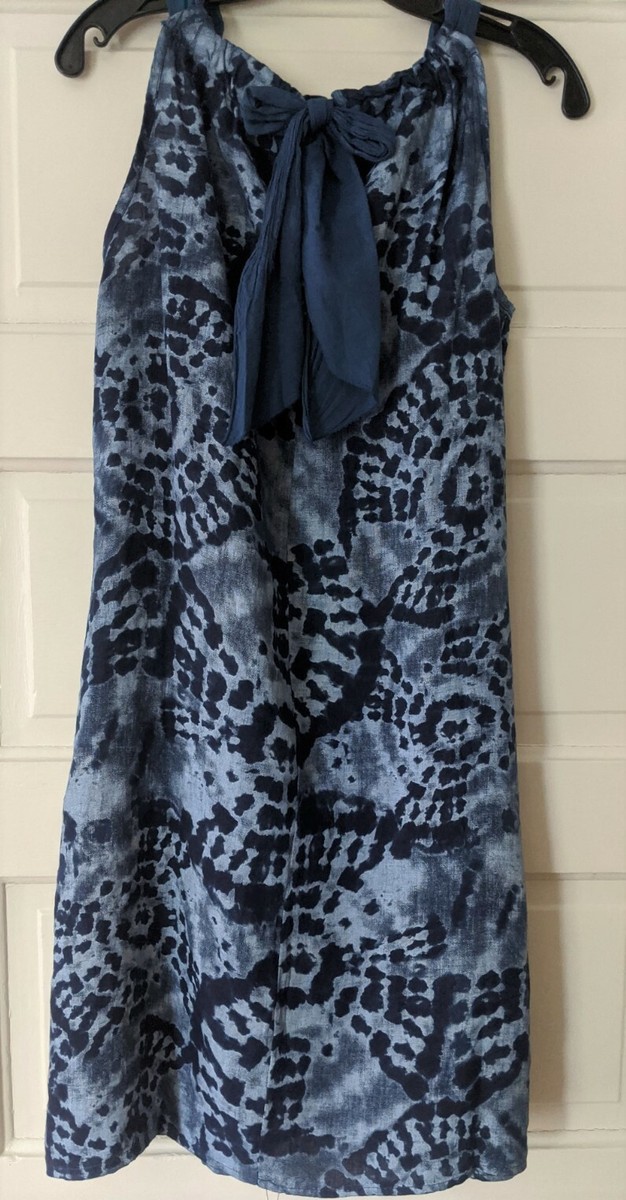 SMALL NWT ITALIAN LINEN Shift Dress Navy Blue Tie Dye Halter comfortable  Summer | eBay