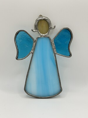 Vintage Angel Sun Catcher Leaded Stained Glass Blues Hanging
