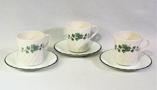 Set of 3 Corelle Callaway Tea Cofffee Cup and Saucers Green Ivy White Swirl 8oz