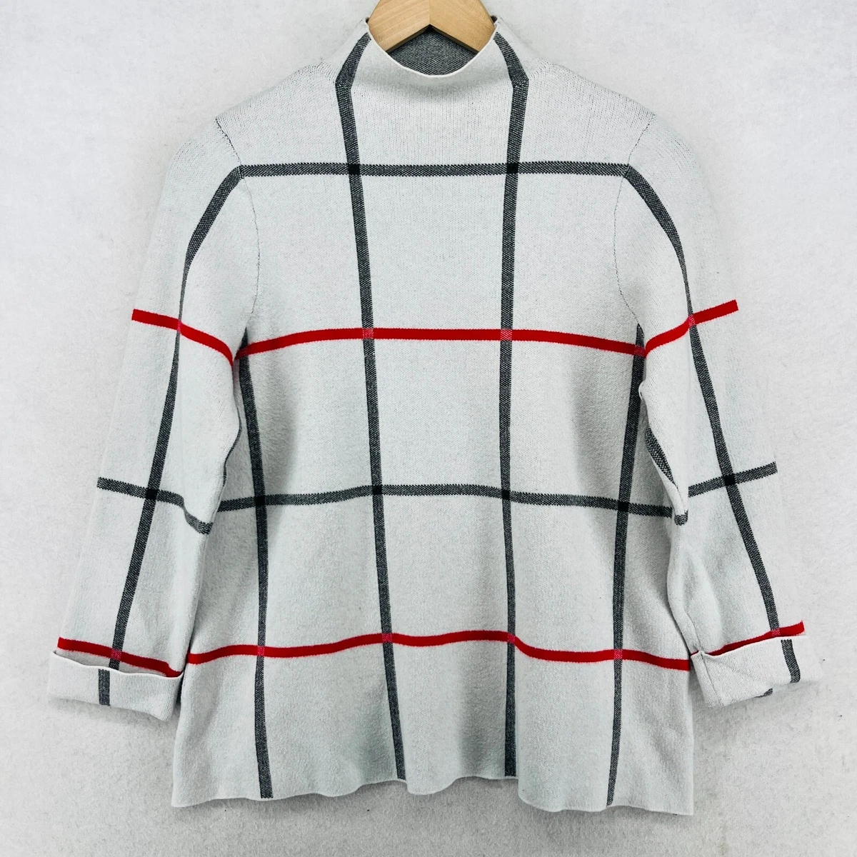 TAHARI Sweater Womens L Mock Neck Windowpane Check Knitted Cuff