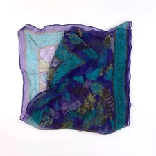 Vintage 80s Oversized Floral Blue Teal Sheer Rectangle Scarf 17.5" x 69"