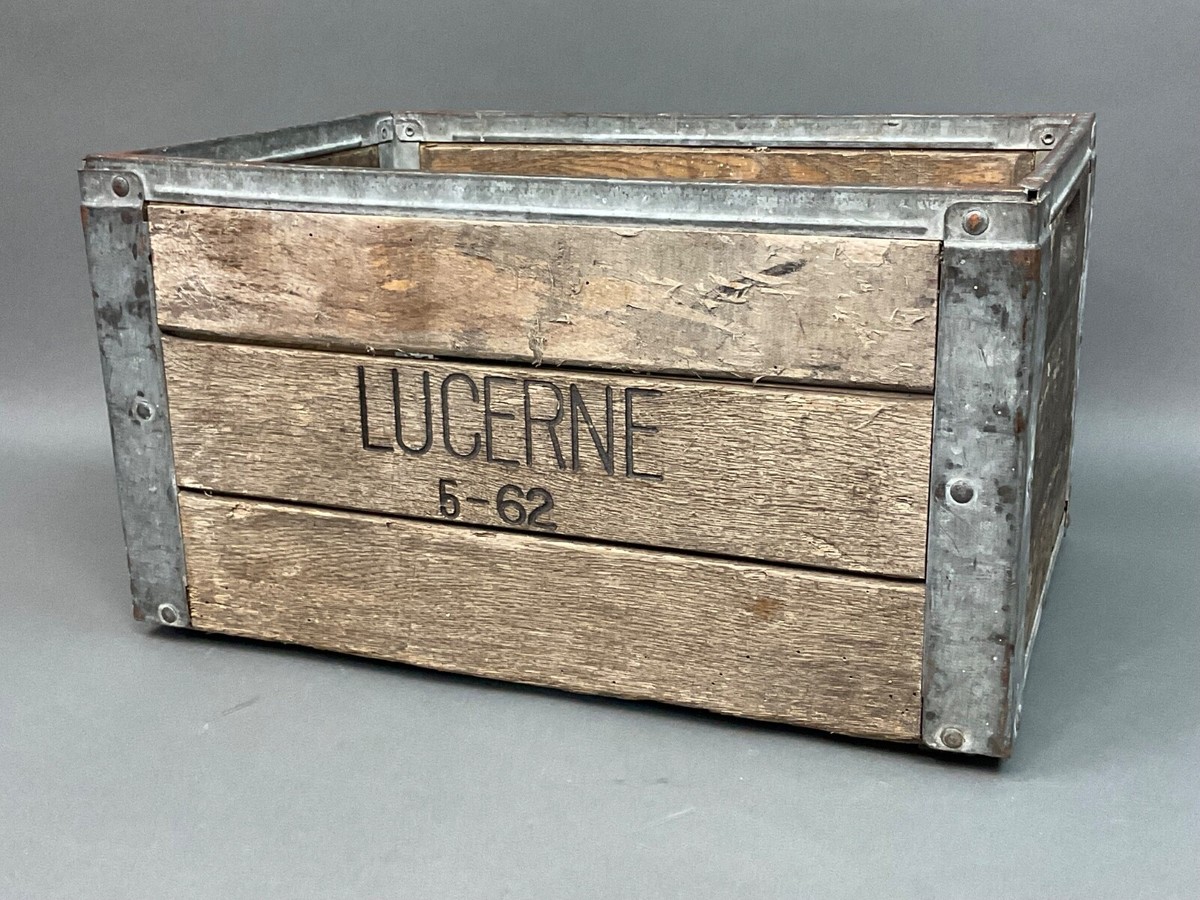 Vintage Heavy Duty Lucerne Dairy Milk Crate Wood Metal Banded