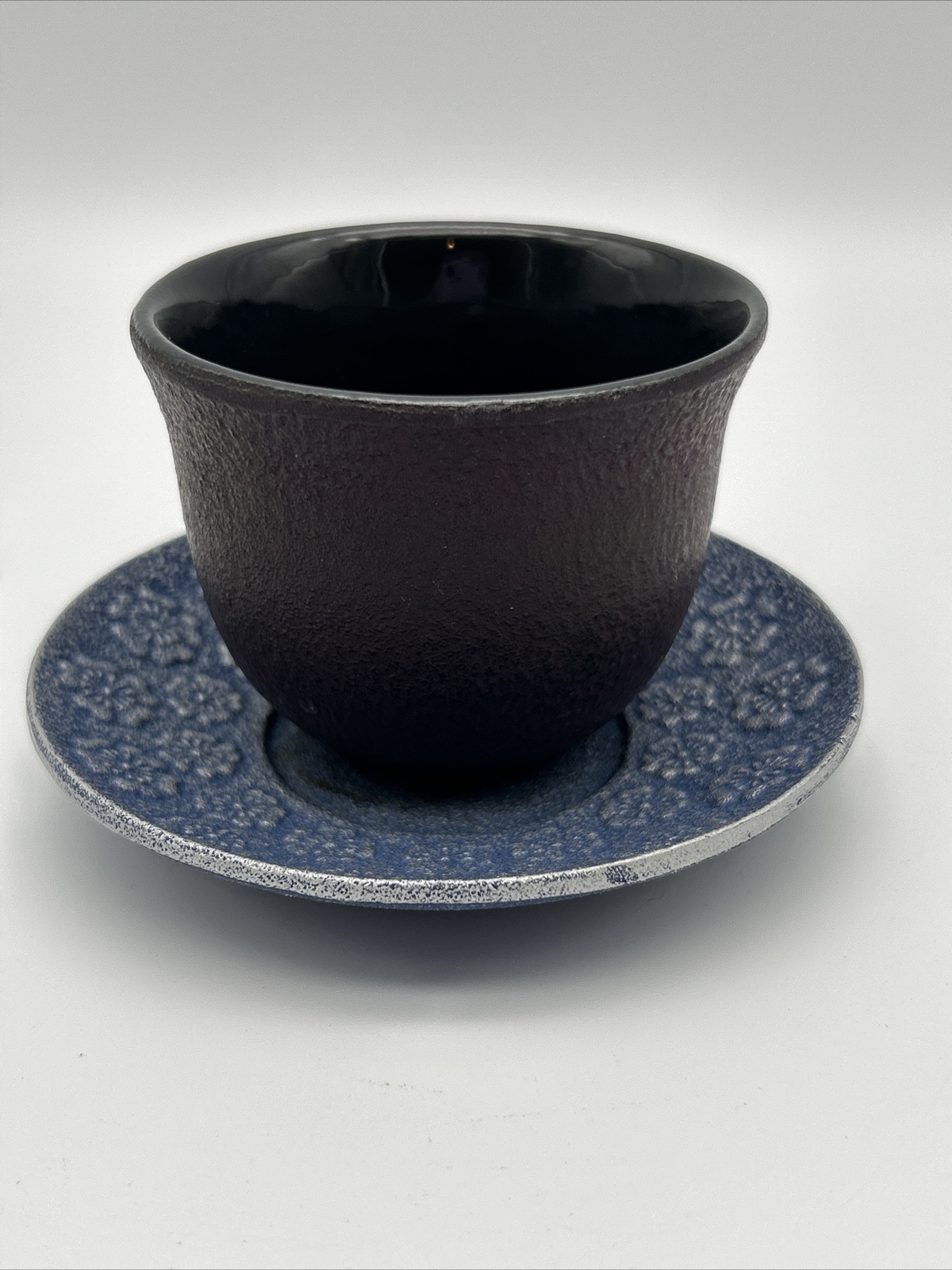Teavana Cast Iron Textured Tea Cup Saucer Japan Blue Floral Purple