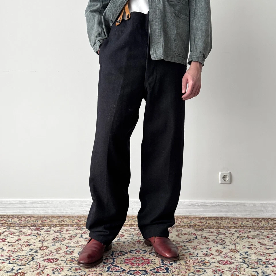 Pantalones de lana azul marino cola de pez de trabajo ferroviario británico vintage de los años 50 Foto 2 de 4