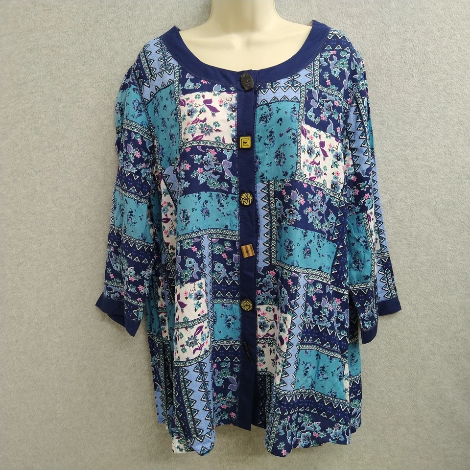 Blusa La Cera feminina rayon floral manga 3/4 botão frontal azul rosa X grande - Imagem 2 de 4