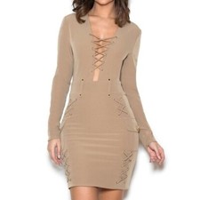 House of CB Thamina taupe bodycon long sleeve deep v dress size S