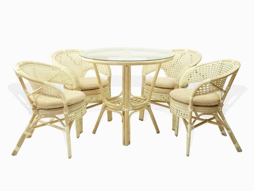 Pelangi Natural Rattan Wicker Round Dining Table Glass Top, Cream - Picture 7 of 10