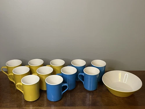 Lot 12 Vintage Mustard Yellow & Blue Syracuse China Syralite Ware Mugs Cups Bowl