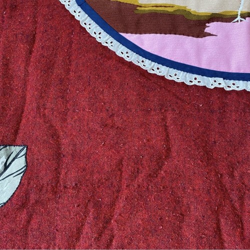 Vintage Handmade Quilt Bedspread Bright Cranes Birds Maroon Wool Floral MCM - Picture 13 of 13