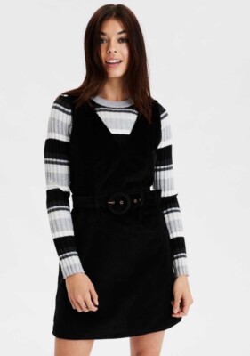 American Eagle Black Corduroy A-Line V-Neck Belted Mini Dress Size Small EUC!!