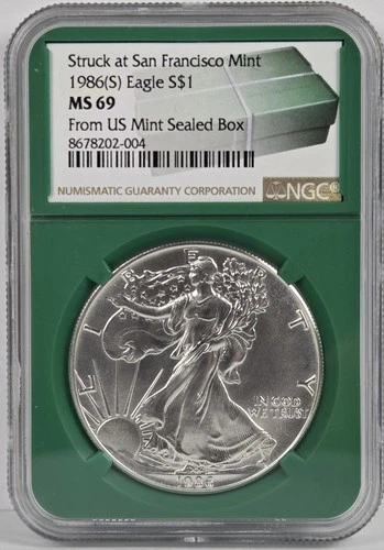 1986 (S) Eagle S$1 MS 69 From US Mint Sealed Box Struck at San Francisco NGC