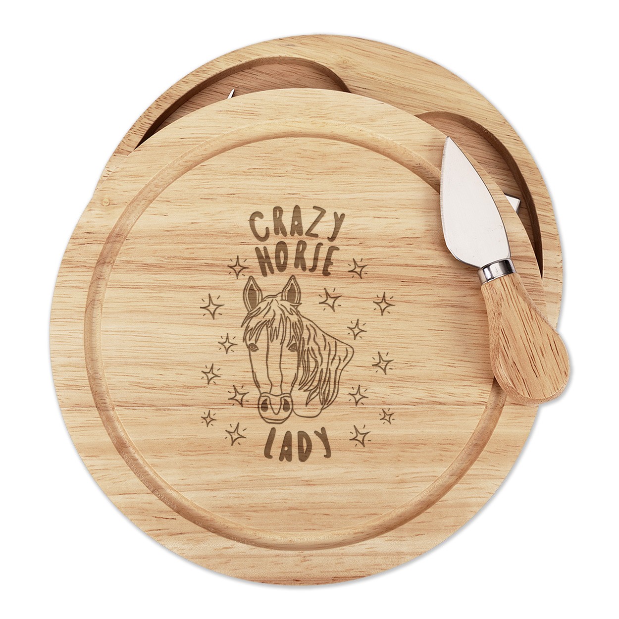 Crazy Horse Lady Stars Cheese Board Knife Set Funny Pony Animal