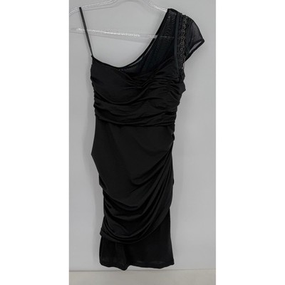 Bebe Womens Black One Shoulder Ruched Mesh Chain Detail Bodycon Dress Sz S