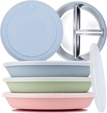 Stainless Steel Baby Plates with Suction  3Pack with Lids