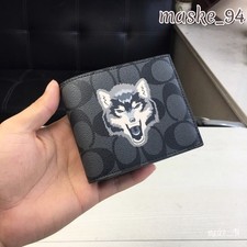 Portafoglio uomo Coach testa di lupo stampa tela rivestita portafoglio corto bifold 