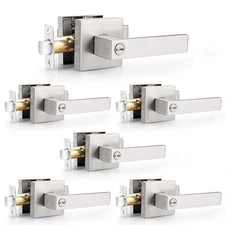 Satin Nickel Square Privacy Door Levers Lockset for Bedroom or Bathroom, Keyl...