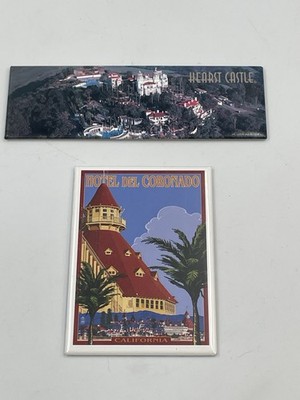 2 California Fridge Magnets :Hotel Del Coronado San Diego Art Deco/Hearst Castle