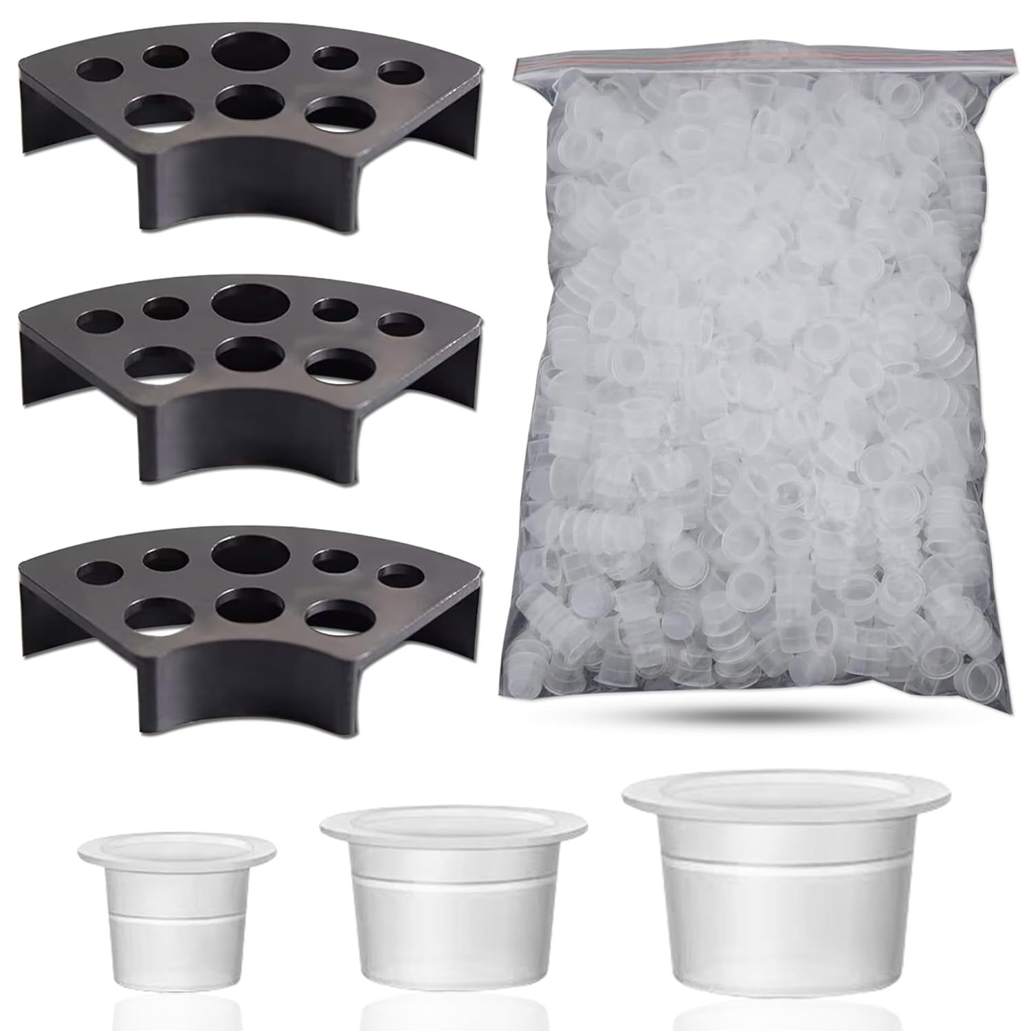 303-Pc Tattoo Ink Caps Kit with 3 Black Holders — 100 Small, 100 Medium, 100 Lar