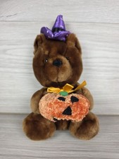 Halloween Plush Bear Holding Pumpkin 8" Purple Witches Hat SU34