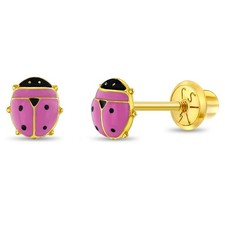 14k Yellow Gold 5mm Colorful Enamel Ladybug Screw Back Earrings for Young Girls