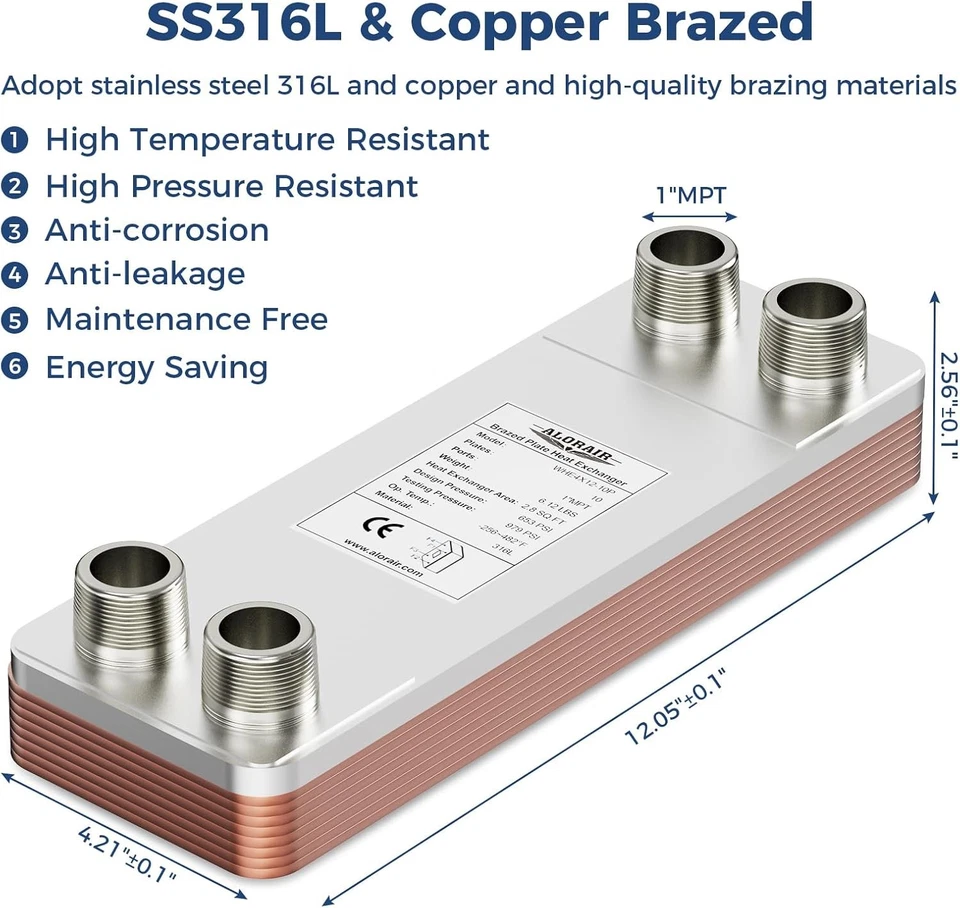ALORAIR Brazed Plate Heat Exchanger 316L St.Steel - Muti Size, MPT Port & Plates - Image 4 of 4
