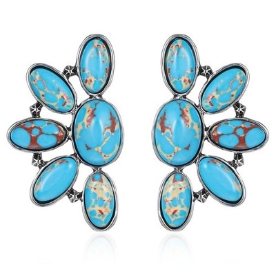 Western Earrings Boho Turquoise Oval Drop Dangle 2 inches, Flower E