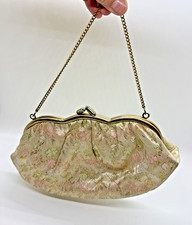 Vintage Metallic Gold Floral Silk Kiss-Lock Evening Clutch Handbag Purse w/Chain
