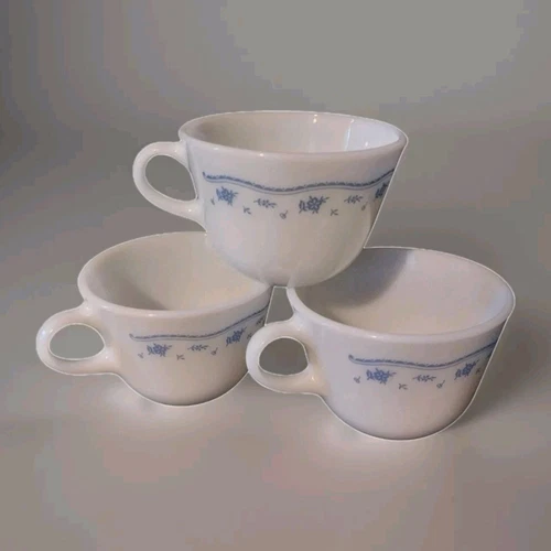 Vintage Pyrex Coffee Cups, Mugs Morning Blue Pattern  SET OF 3 
