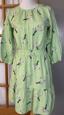 Loft Tiered Linen Blend Floral Dress XS Mini Green Pink Long Sleeve Boho  Cottage | eBay