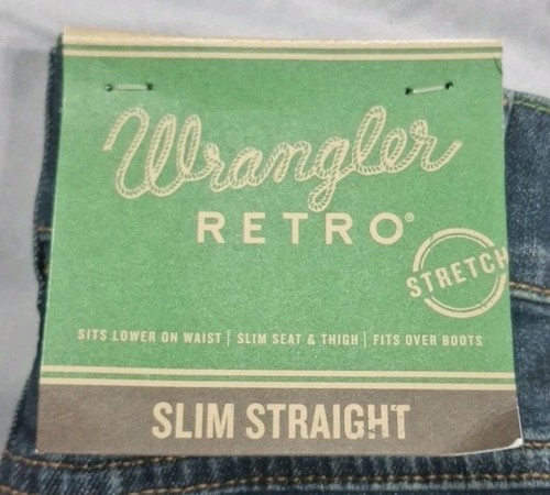 Pantalones de mezclilla para hombre Wrangler retro ajustados rectos elásticos 33x34 lavado medio/oscuro TOTALMENTE NUEVOS - Imagen 3 de 16