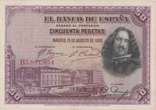 Spain P-75b 50 pesetas 1928 XF｜Velázquez painting  Breda 