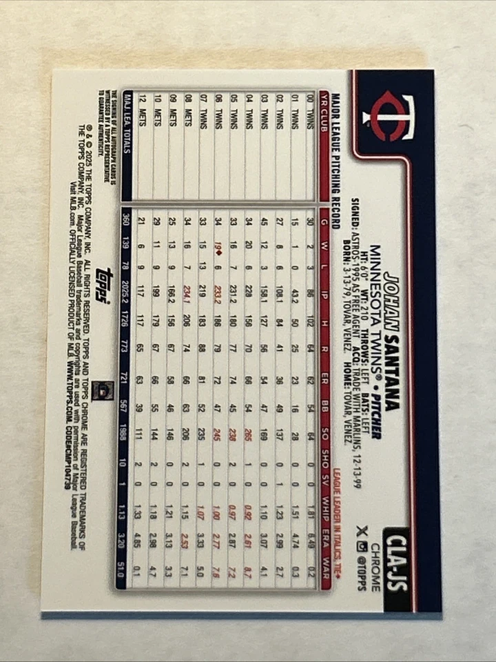 2025 Topps Chrome #CLA-JS Legend Orange Refractor Auto/25 Johan Santana Foto 2 de 3