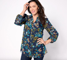 Susan Graver Regular Sheer Woven Clip Dot Button Front Tunic , Teal Sz S a626990