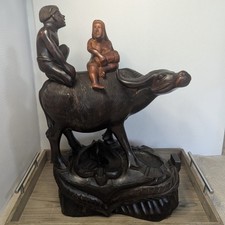 XL Antique Asian Carved Water Buffalo w 2 Figures on Wood Base