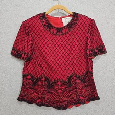 Papell Boutique Evening Red Silk Beaded Sequin Top Size L Vintage Glam Cocktail