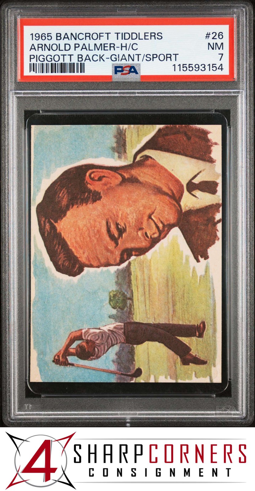 1965 BANCROFT TIDDLERS GIANTS OF SPORT #26 ARNOLD PALMER RC PIGGOTT BACK PSA 7