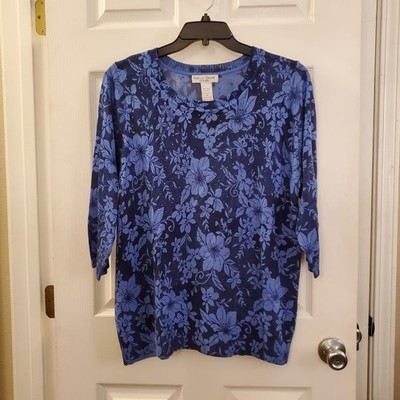 NWT Rebecca Malone Plus 1X Blue Floral Light Sweater 3/4 Slv Embellished artsy