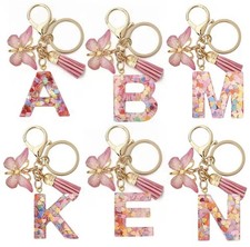Pink Resin Letter Key Chain with Butterfly Charm and Tassel for Women, 10cm