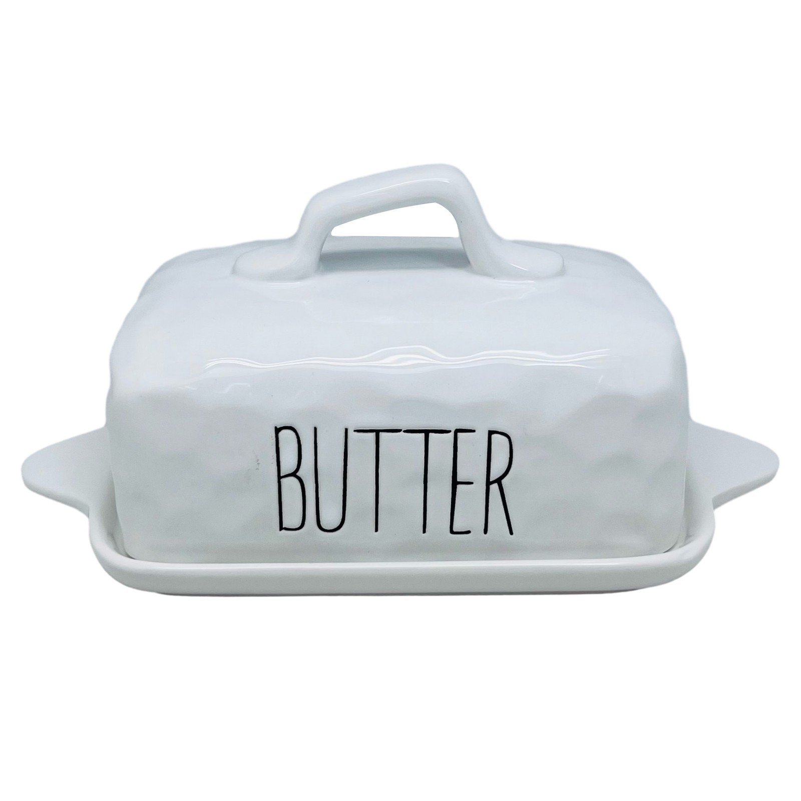 Butter Dish w/Lid White Dimples Ceramic Soft Cheese Label Storage Serving Tray