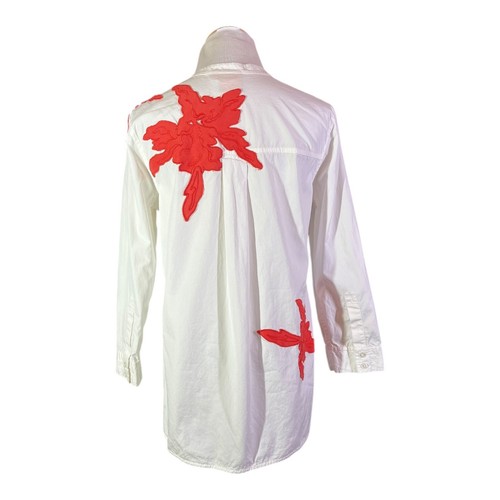 Tory Burch Size 4 Appliqué Tunic Popover Shirt White Red Floral Cotton - Picture 11 of 14