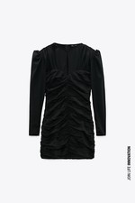 Zara Voluminous Sleeve Draped Rouched Dress Black Padded Shoulders XS Elegant