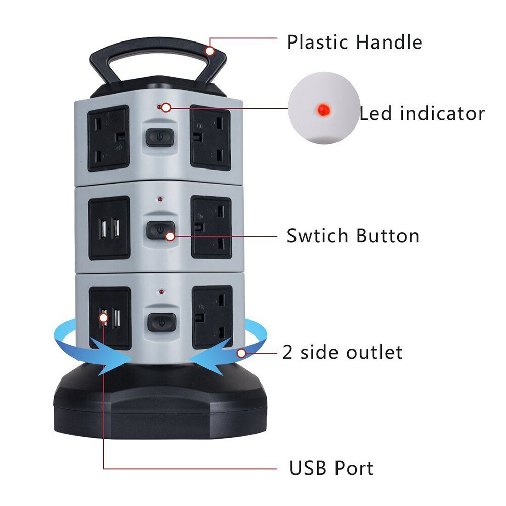 3M Tower Extension Lead + 4 USB 8/10 Way Gang Plug Extension Overload ...