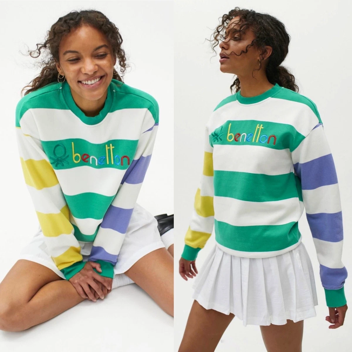 United Colors Of Benetton Stripe Embroidered Crew Neck Sweatshirt Women  X-Small | eBay