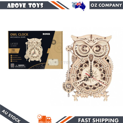 Rokr Owl Clock Mechanical Gears 3D Wooden Puzzle DIY Model Kit