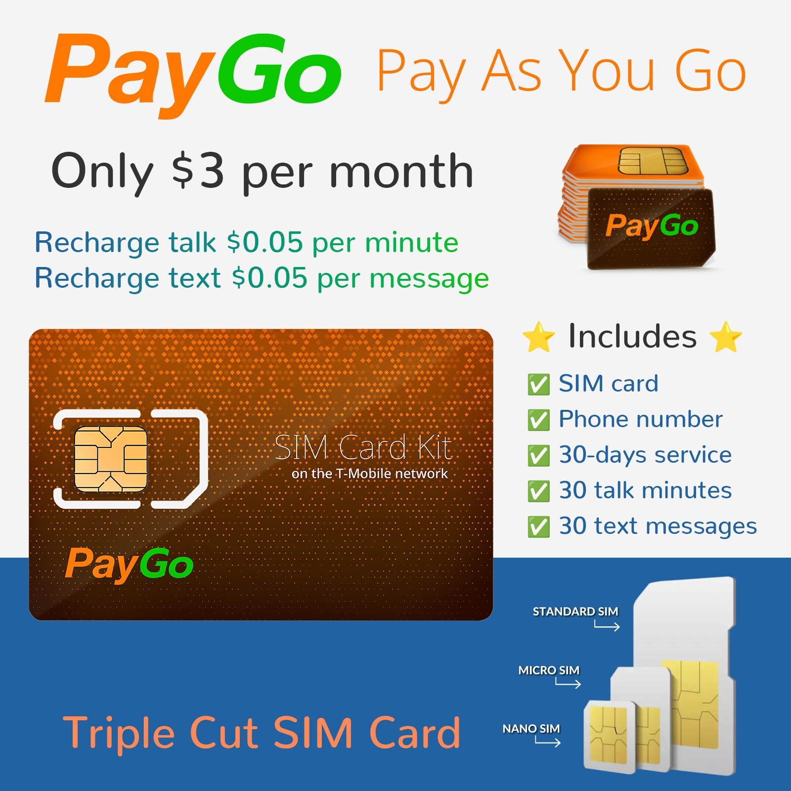 T-Mobile PayGo $3/month Pay As You Go SIM Card $0.05 Talk/Text 60 credits/month
