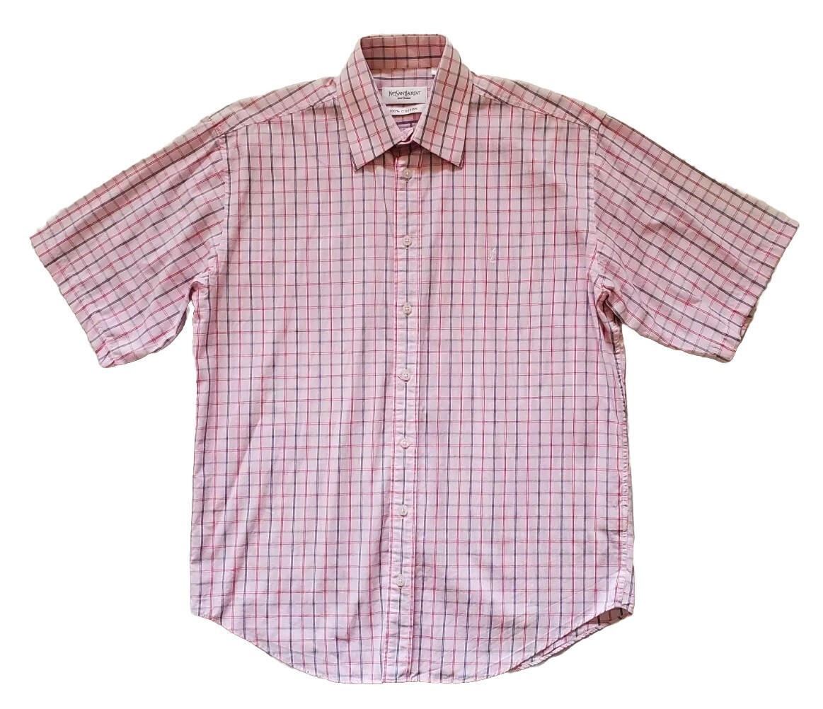 Camicia vintage YSL Yves Saint Laurent a maniche corte da uomo M rosa sciolto scacchi anni '90
