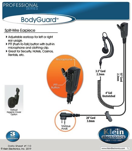 KLEIN BODYGUARD-M7 2 WIRE EARPIECE WITH MIC & PTT - Picture 3 of 3